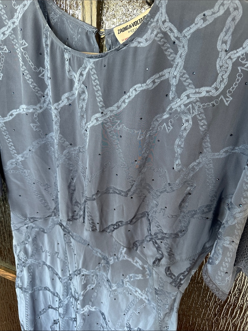 Zadig & Voltaire Rey Silk Mid-Length Dress Slate Blue Printed Sz Medium - Picture 8 of 13